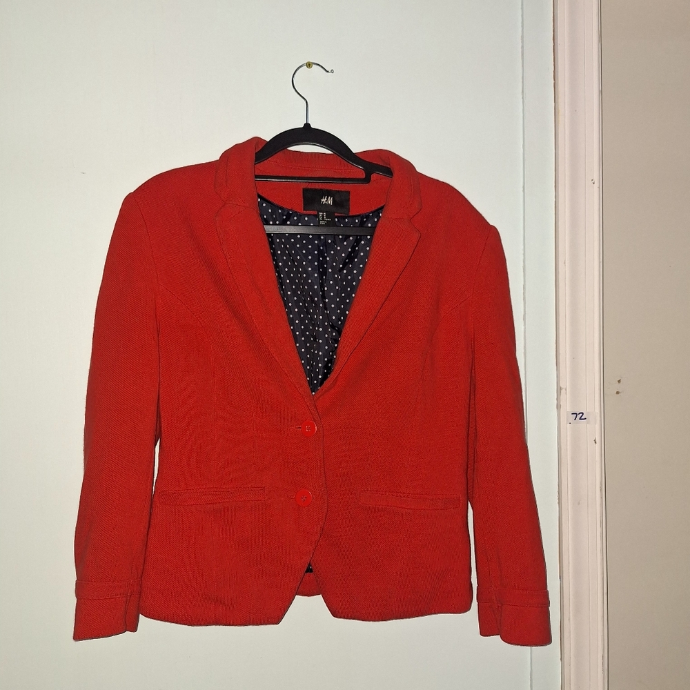 H&M Vibrant Red Women's Retro Mini Blazer With Polka Dot Lining**